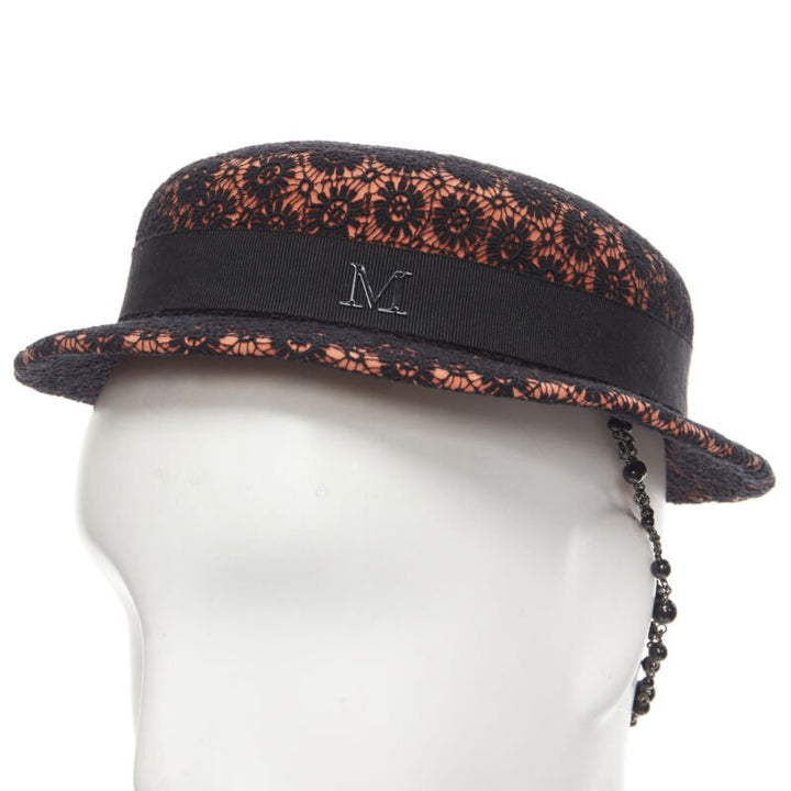 MAISON MICHEL black floral lace orange felt black pearl chain fedora hat 52cm