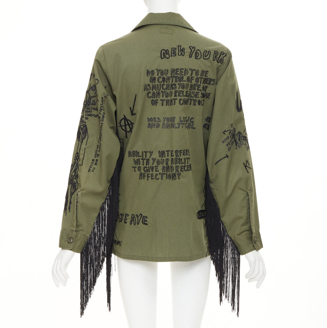 R13 2019 Repurposed Embroidered Surplus Fringe olive military shirt OS