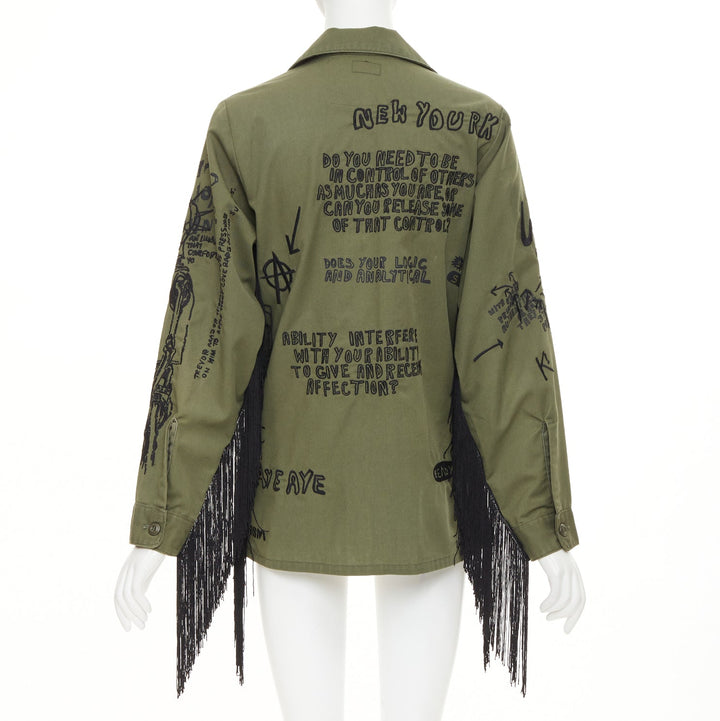 R13 2019 Repurposed Embroidered Surplus Fringe olive military shirt OS