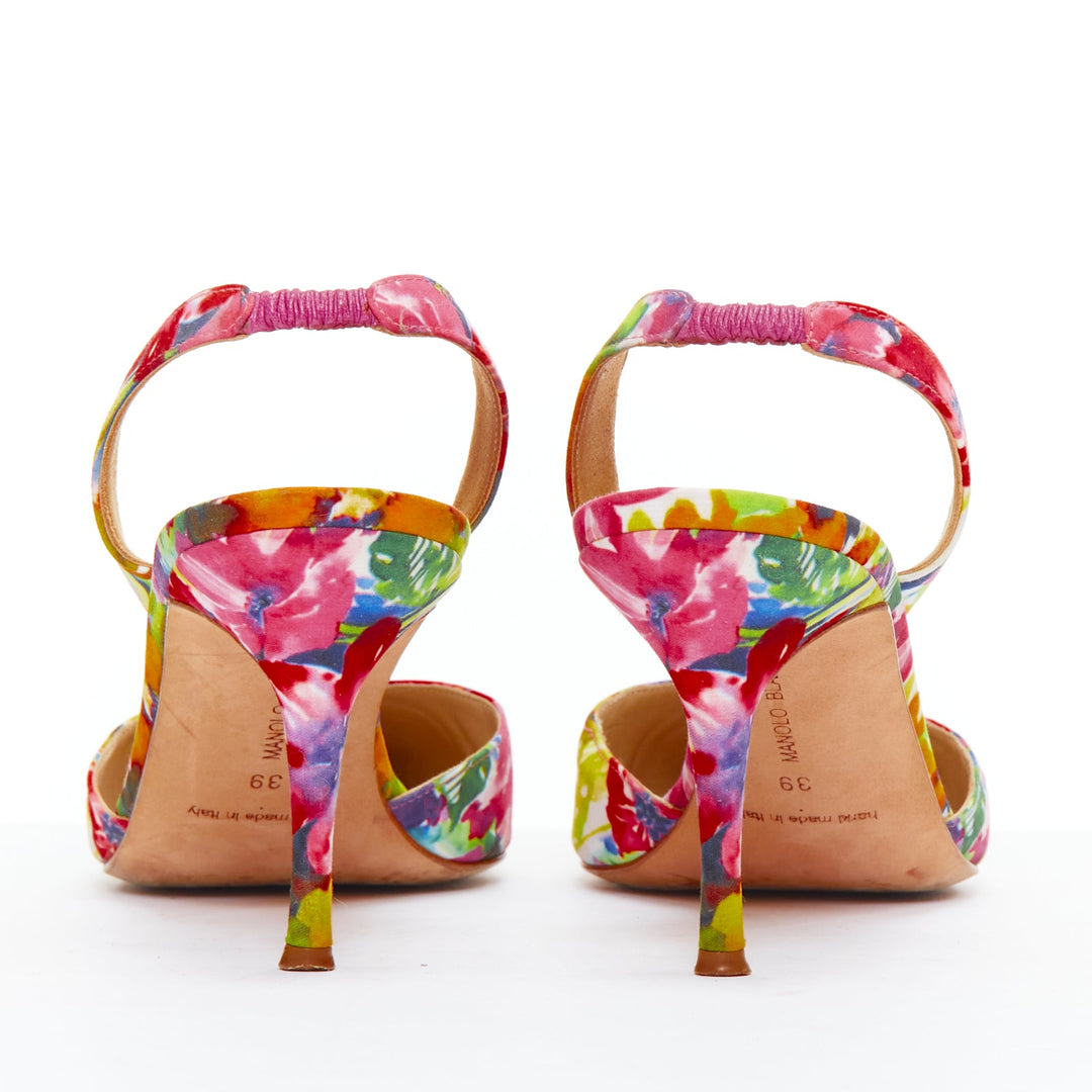 Female mannequin wearing Manolo Blahnik Multicolour Satin Women Heels in Size EU39 | Available at JHROP