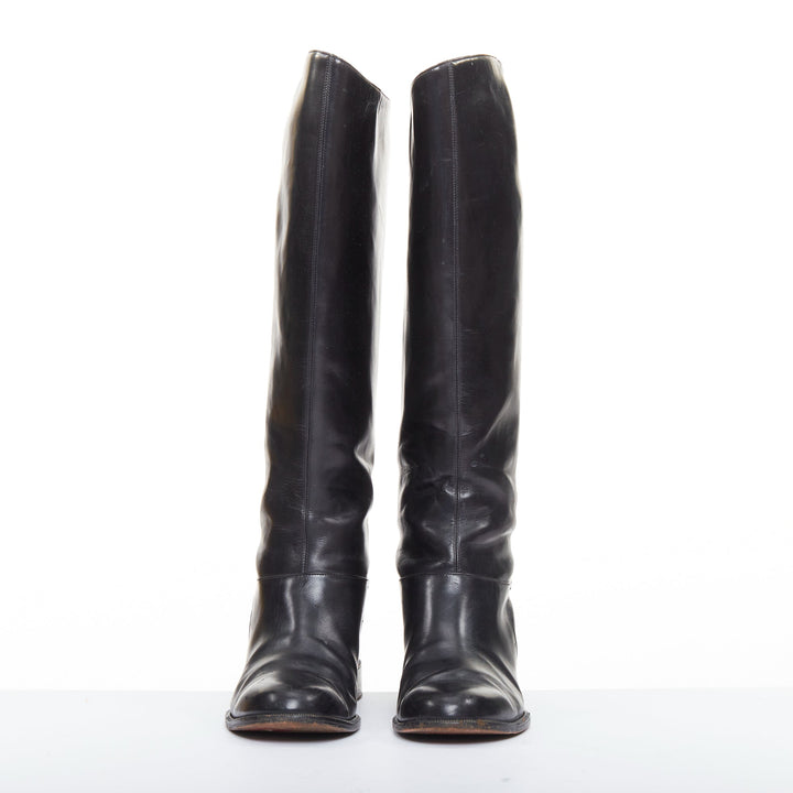 CHRISTIAN LOUBOUTIN Cate black leather silver chain wedge riding boots EU37.5