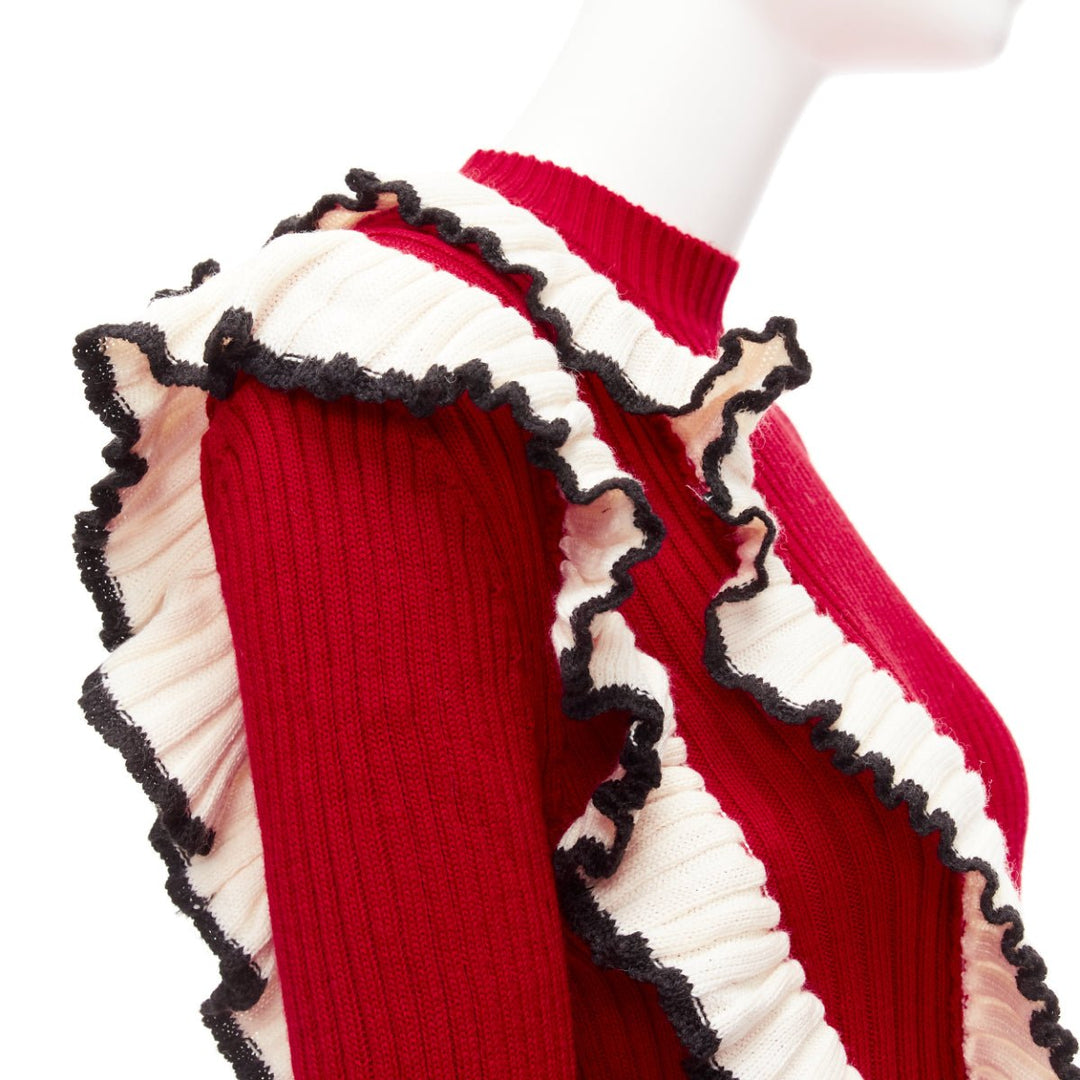 MSGM red wool blend white ruffle trim flared cuff ribbed knit sweater top XS