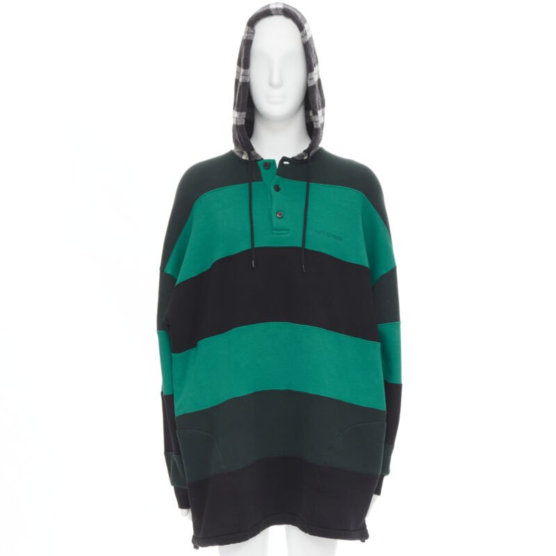 BALENCIAGA Demna green black striped patchwork checked hoodie sweater L