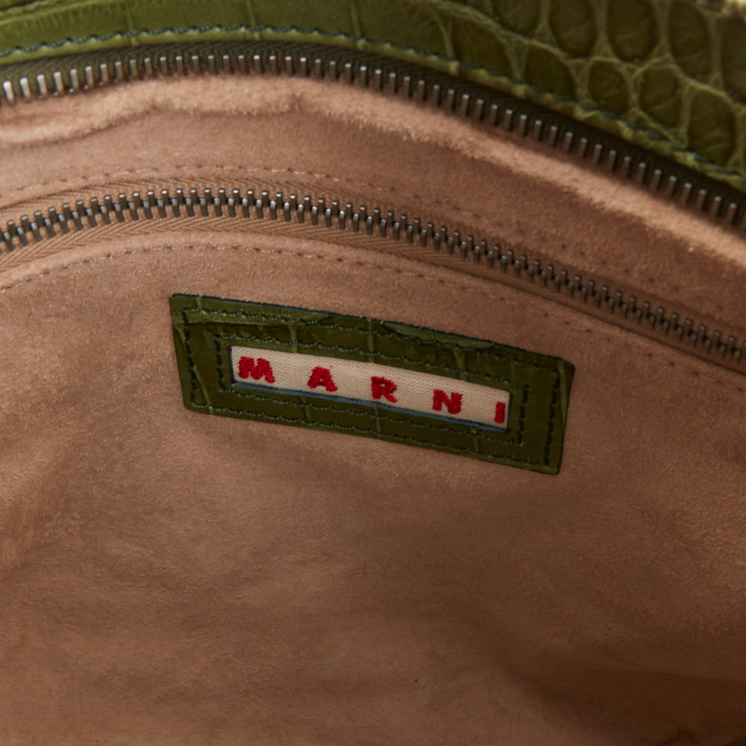 MARNI olive green croc embossed leather front zip pocket satchel bag