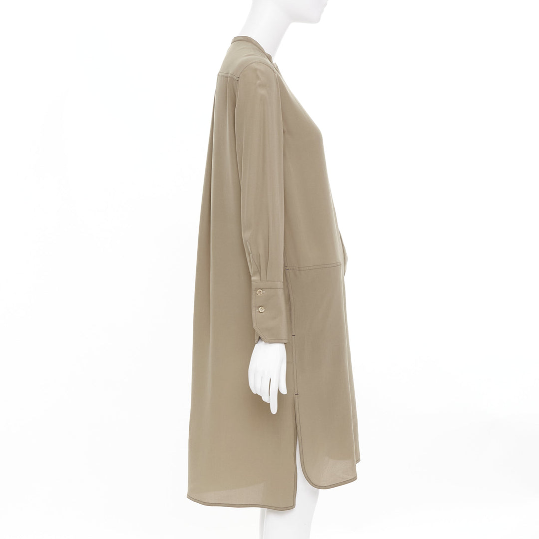 HERMES khaki tan covered button silk band collar long sleeve shift dress FR34