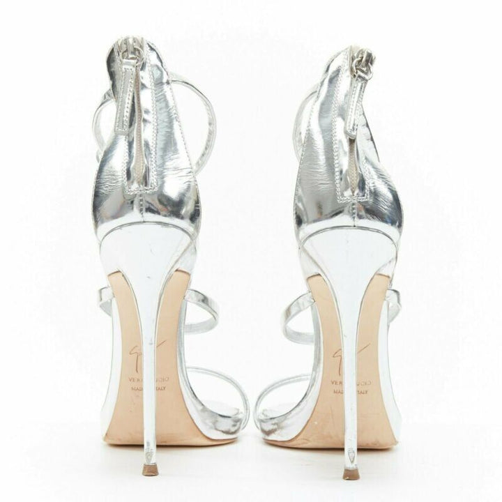 GIUSEPPE ZANOTTI Coline silver leather crystal heart high heel sandals EU39