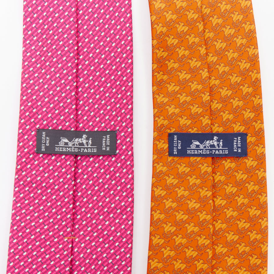 HERMES Set of 2 100% silk pink geometric orange horse rider pattern dress tie