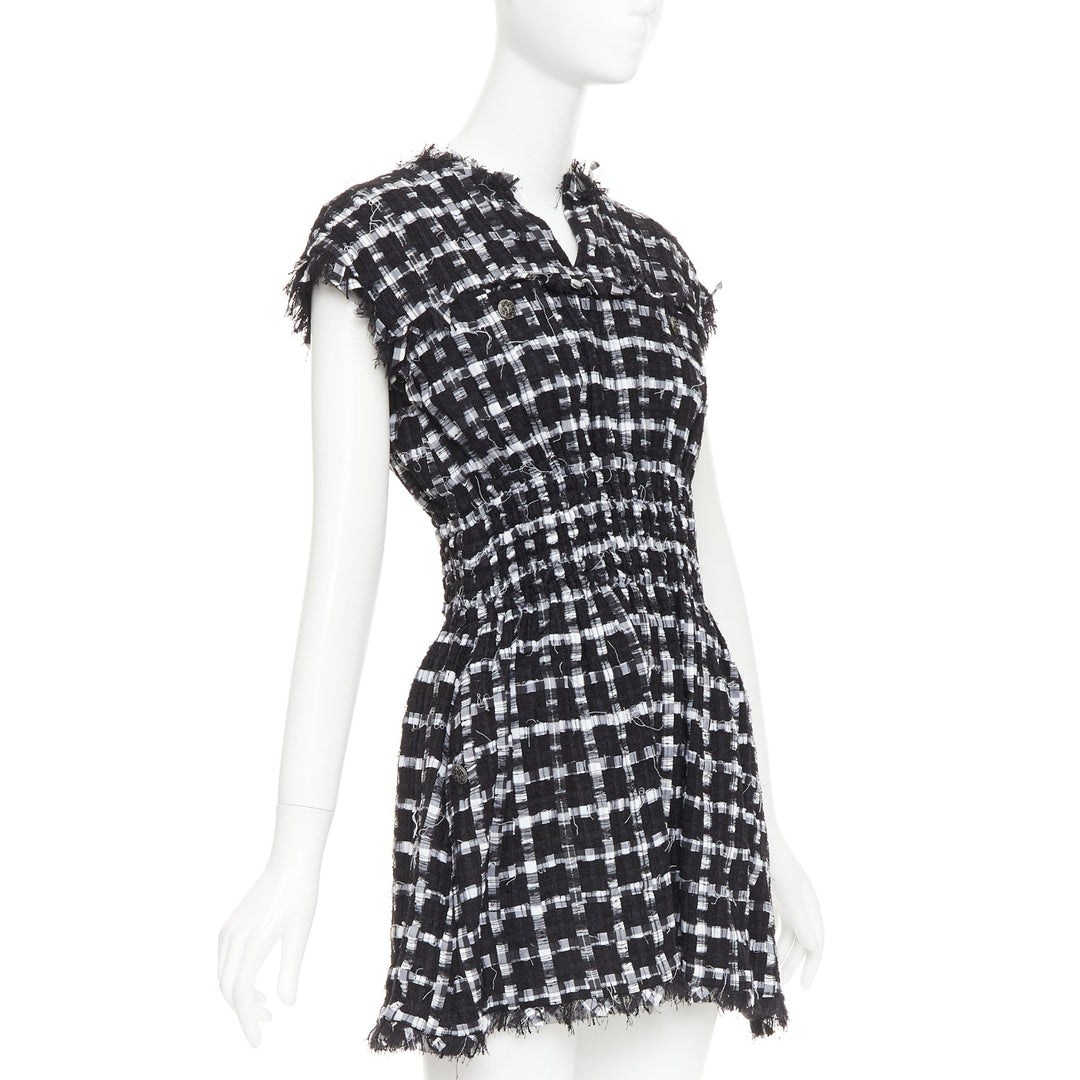 CHANEL 2011 black white checkered frayed tweed buttons ruched mini dress FR36 S