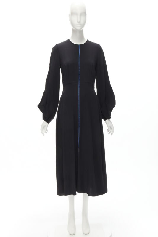 ROKSANDA black silk blue seam detail flared cuff midi dress