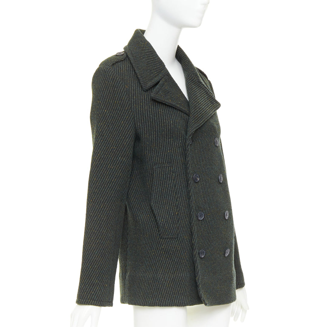 CHRISTIAN DIOR green virgin wool ribbed knit double breasted pea coat FR36 S