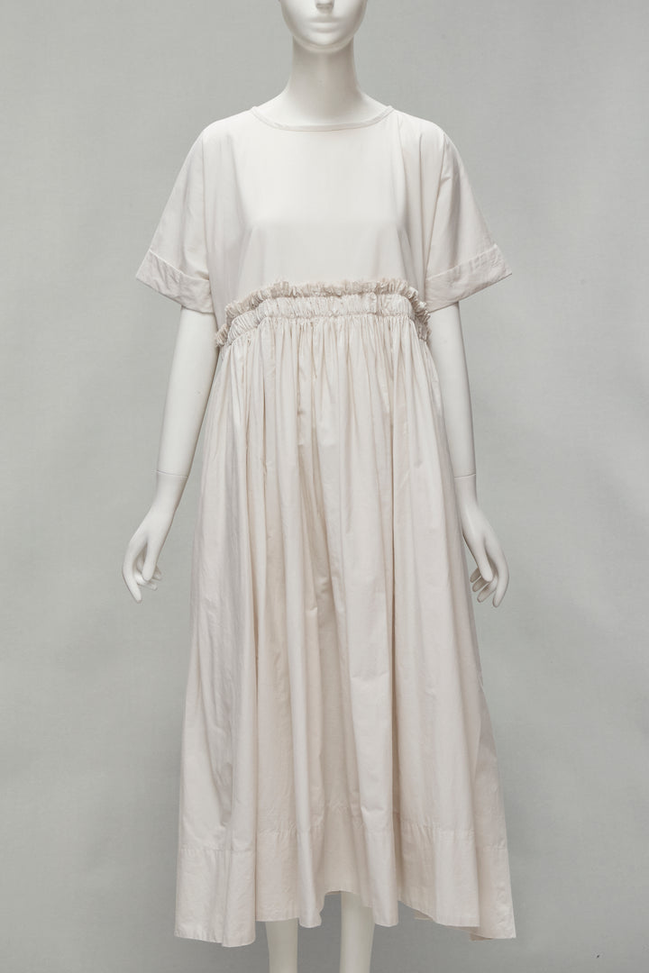 VERITECOEUR cotton stone grey gather waist rolled sleeve round neck flared dress