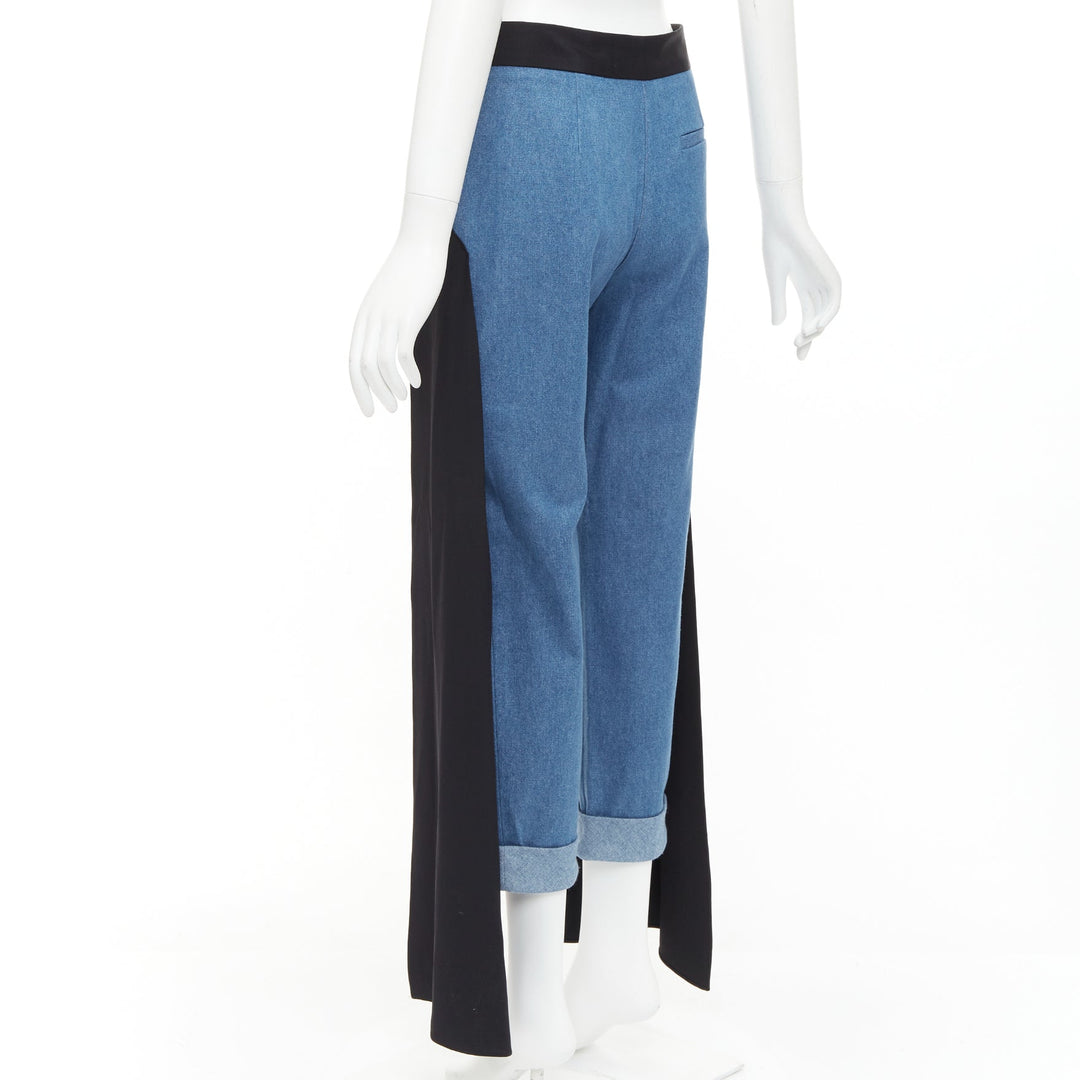 HELLESSY Jagger blue denim black silk panels deconstructed cropped pants US2 S