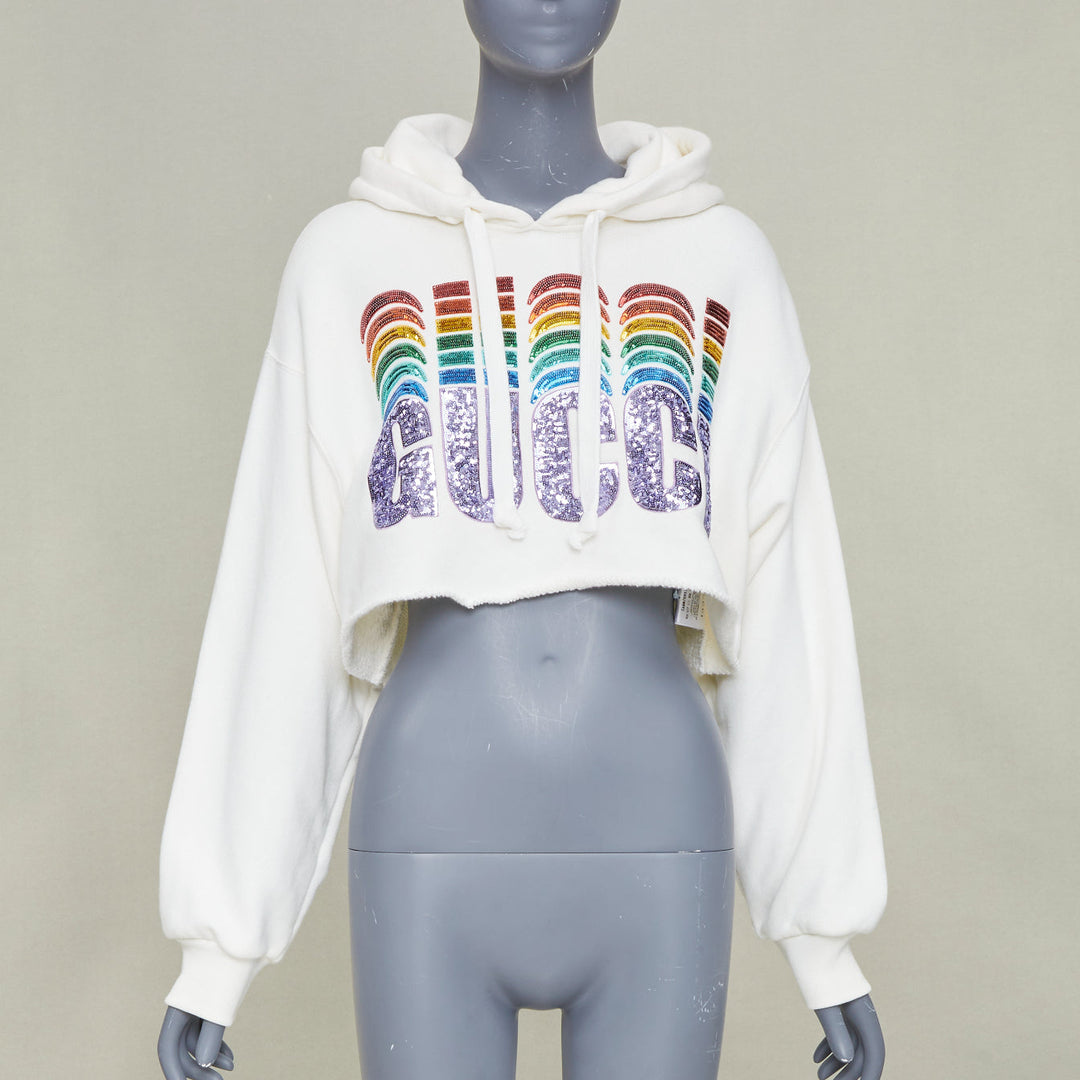 GUCCI 2020 white Rainbow Sequin Logo raw cut hem cropped hoodie sweatshirt S