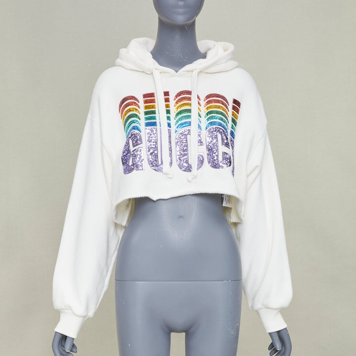 GUCCI 2020 white Rainbow Sequin Logo raw cut hem cropped hoodie sweatshirt S