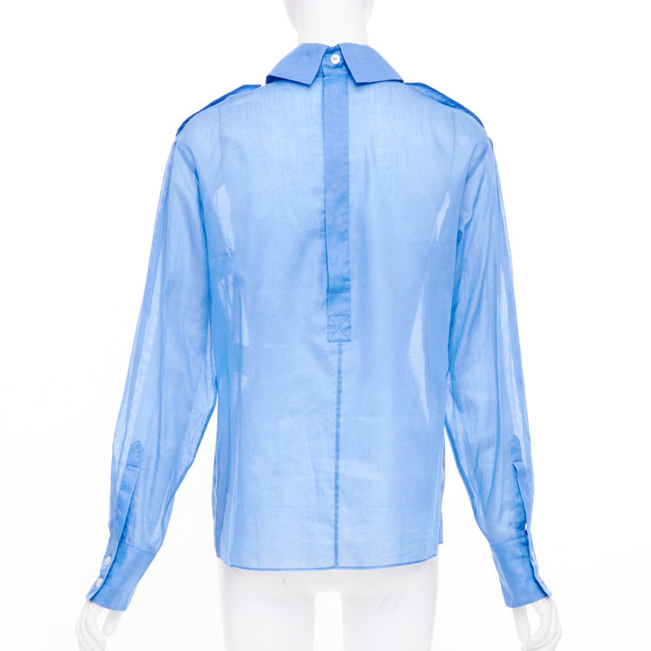 CHANEL sheer panel blue cotton double breasted epaulet button shirt FR38 M