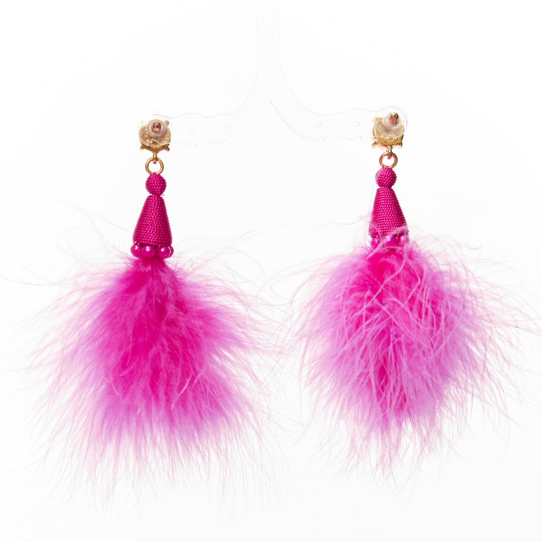 OSCAR DE LA RENTA hot pink ostrich feather bead crystal pin earrings pair