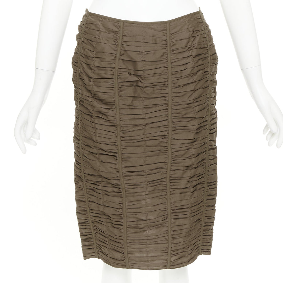 GUCCI 2001 Runway Tom Ford brown 100% silk ruched silk panel pencil skirt IT40 S