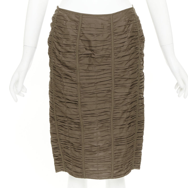GUCCI 2001 Runway Tom Ford brown 100% silk ruched silk panel pencil skirt IT40 S