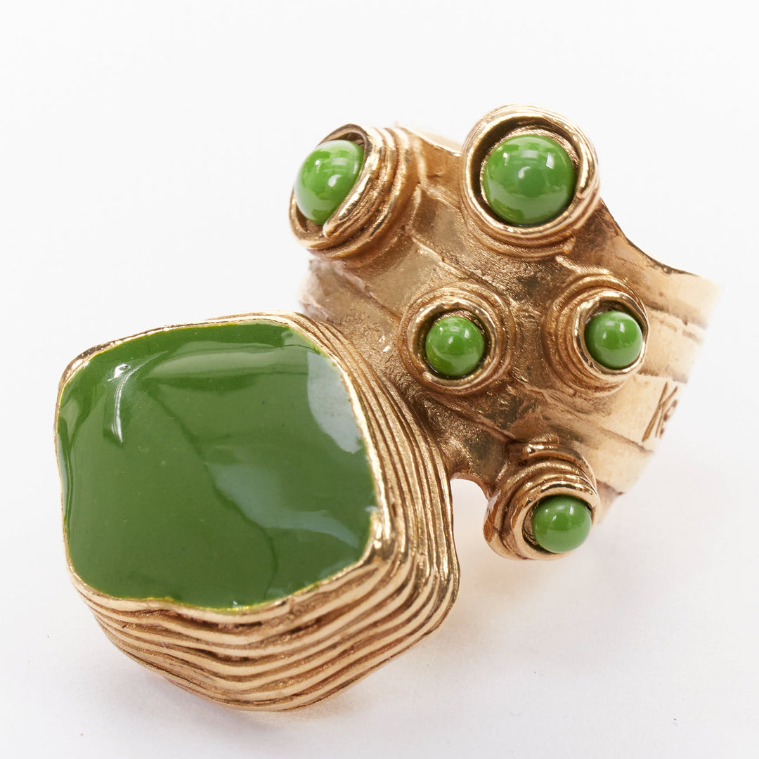 YVES SAINT LAURENT YSL Arty gold tone green cabochon enamel statement ring US7