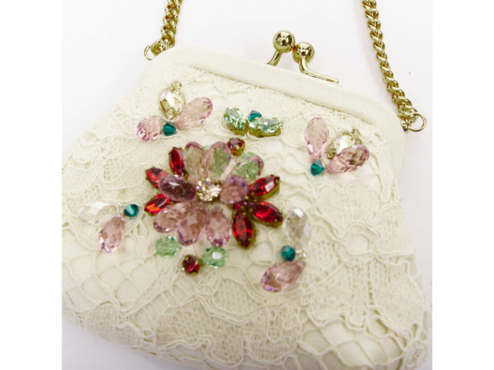 DOLCE GABBANA cream lace multicolour stone beaded kisslock chain micro bag