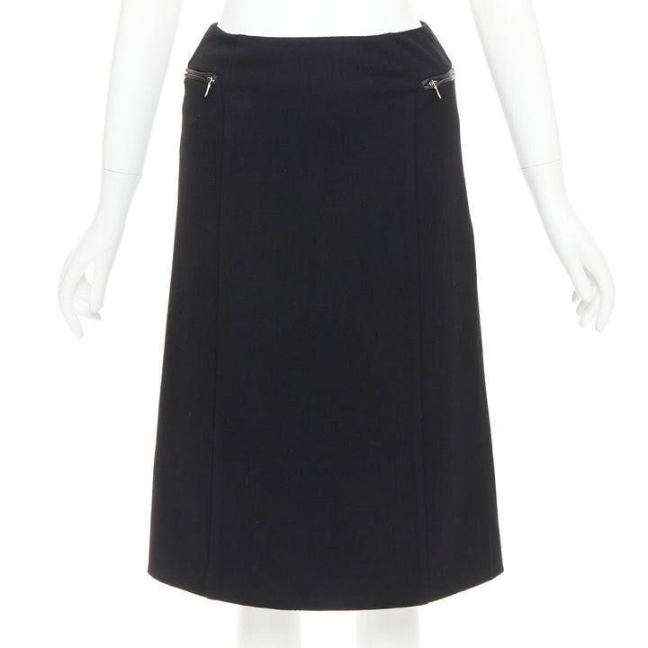 PRADA Vintage black wool minimal linear leather trim zip pocket skirt IT38 XS