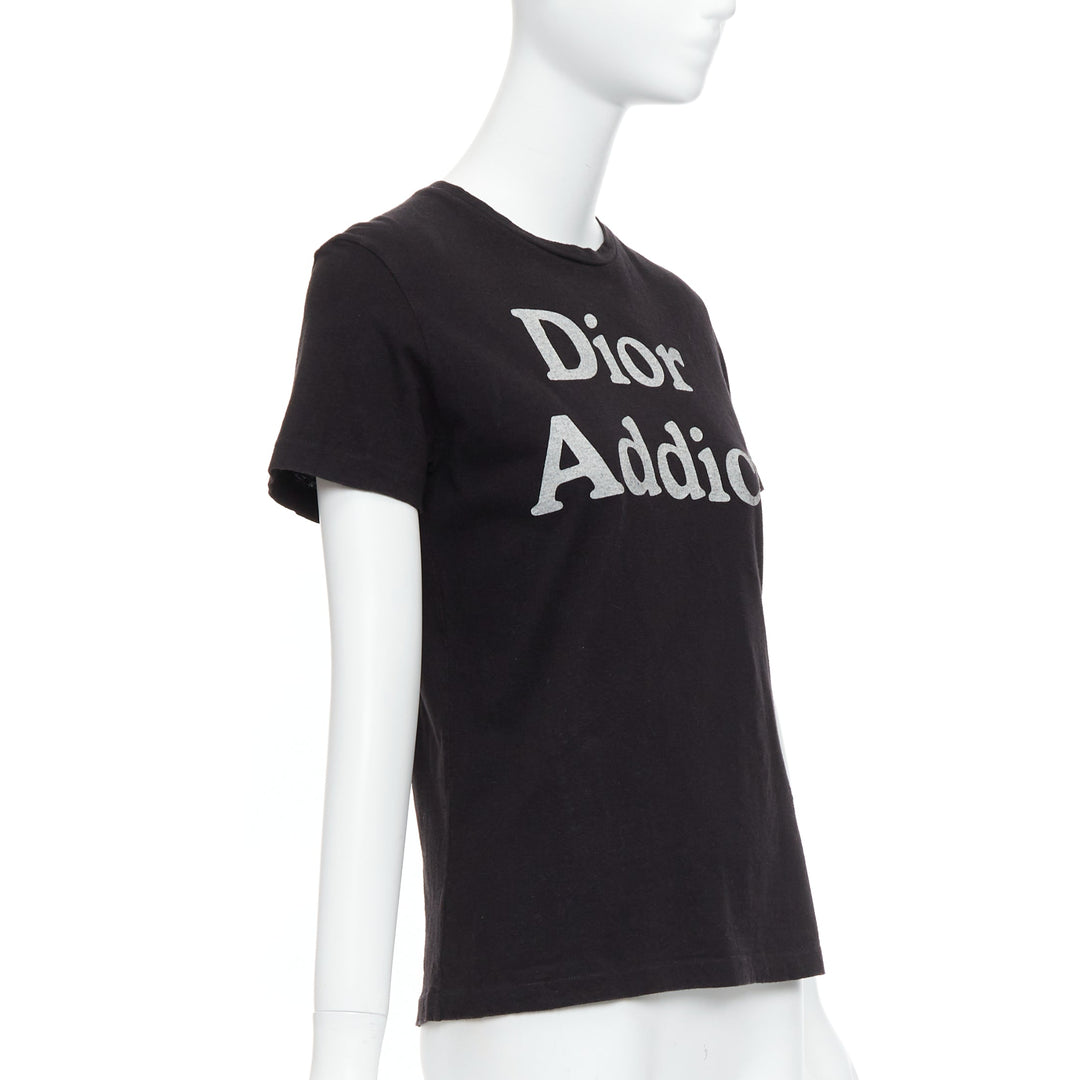 CHRISTIAN DIOR Addict black cotton linen grey speckle logo print tshirt XS