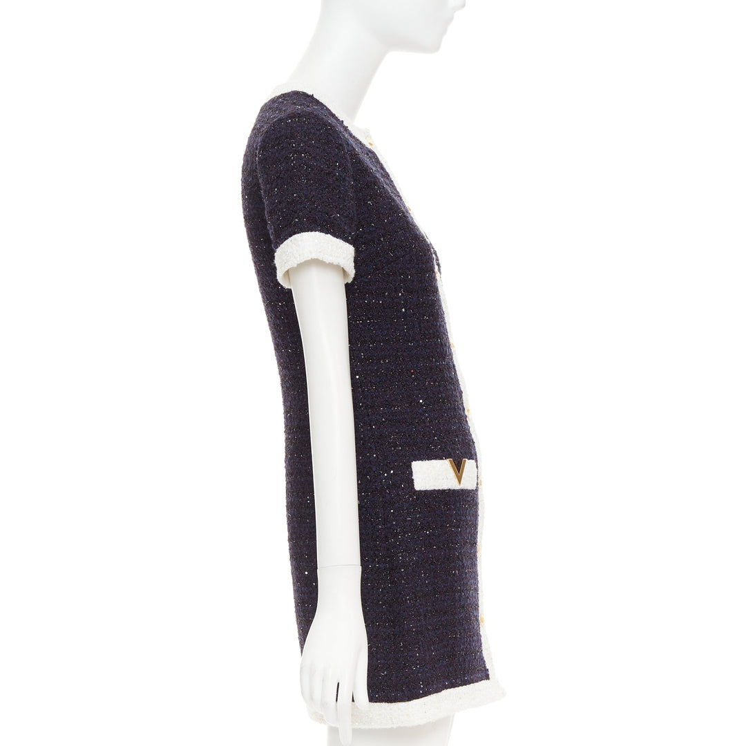 VALENTINO 2023 Retro Mini cream navy boucle tweed V logo mini dress IT38 XS