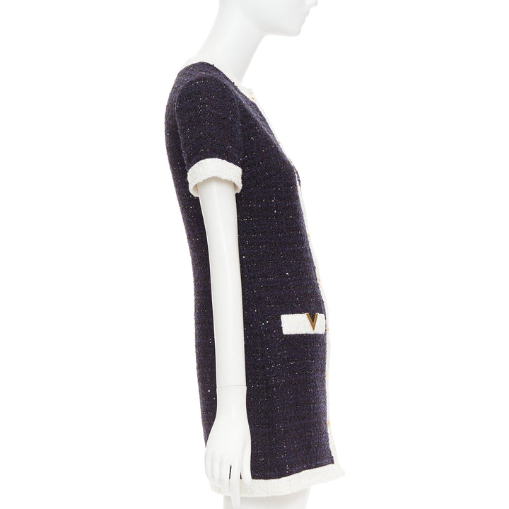 VALENTINO 2023 Retro Mini cream navy boucle tweed V logo mini dress IT38 XS