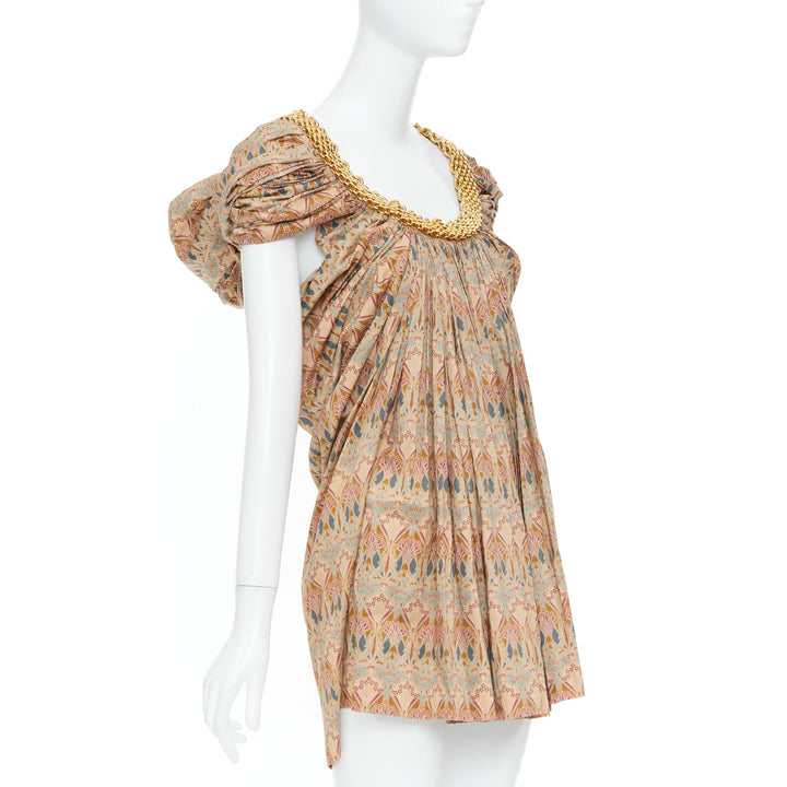 JUNYA WATANABE 2008 beige ethnic print gold chain hardware high low dress S
