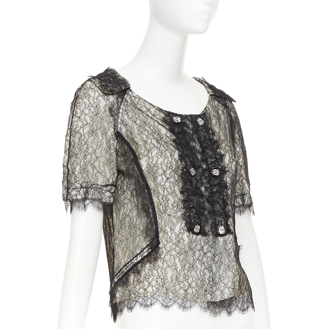 NINA RICCI black lace holographic buttons scallop double breasted blouse IT38 XS