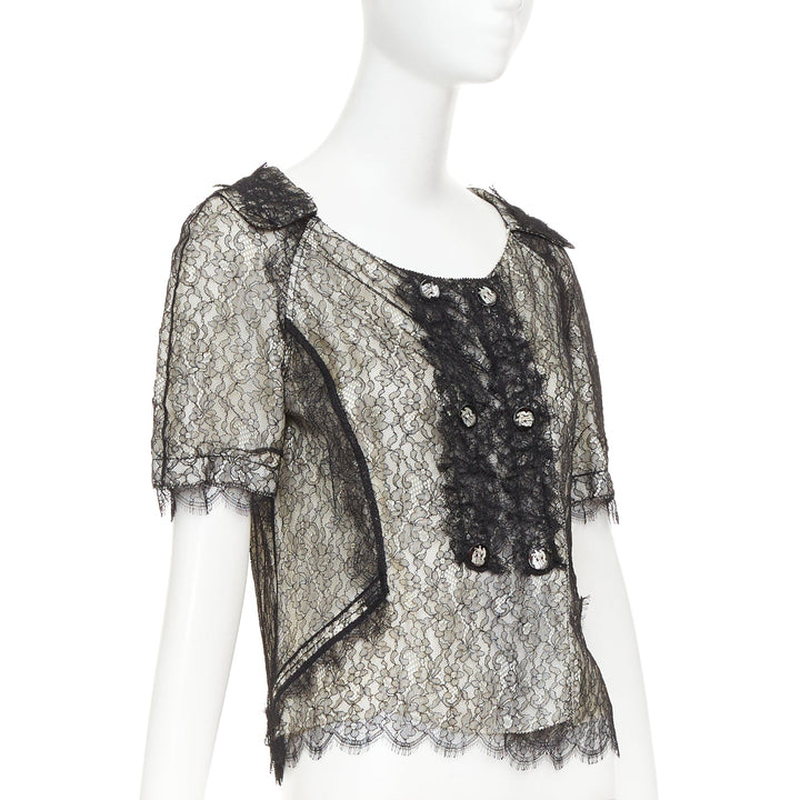 NINA RICCI black lace holographic buttons scallop double breasted blouse IT38 XS
