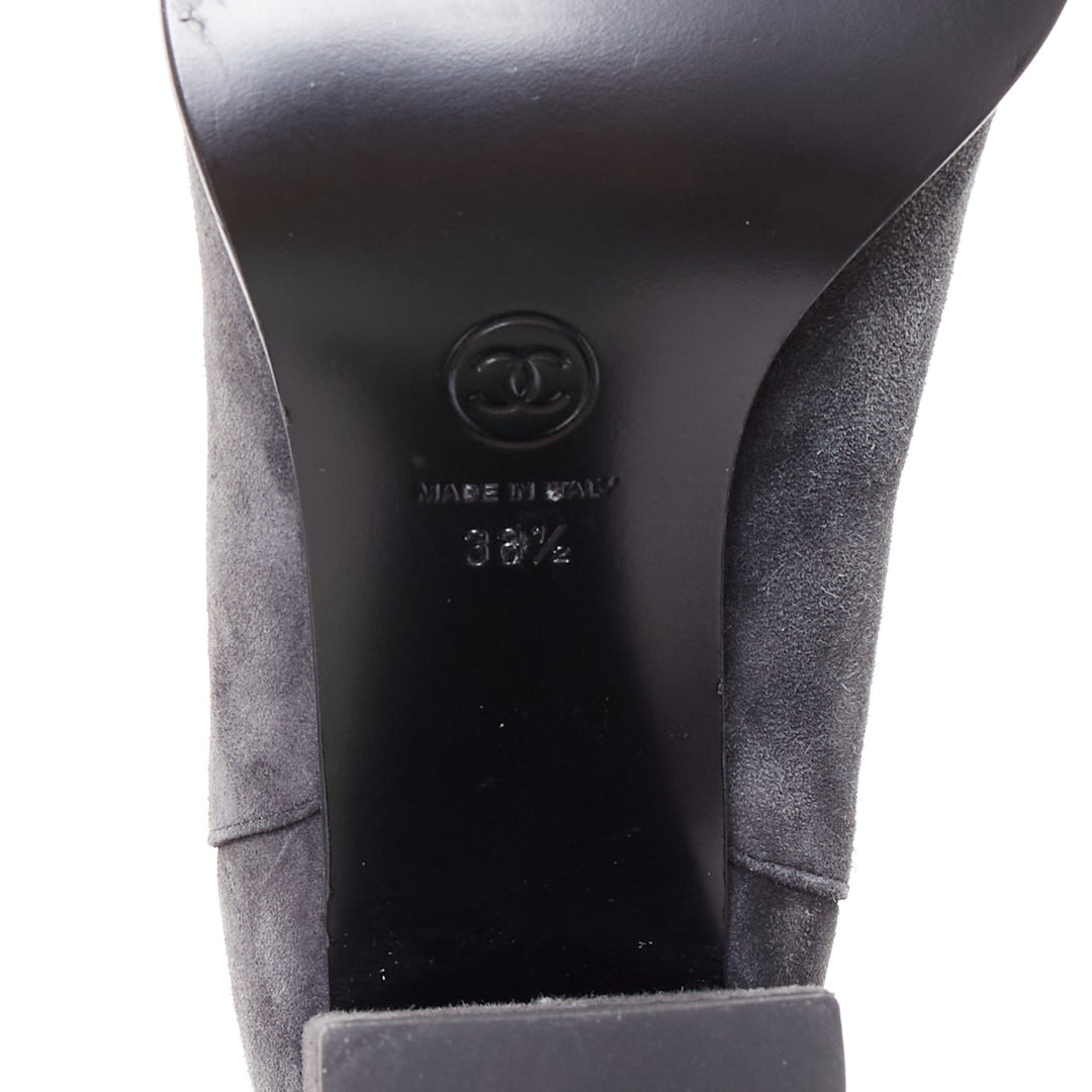 CHANEL 2023 grey suede diamond quilted CC logo block heel boots EU38.5