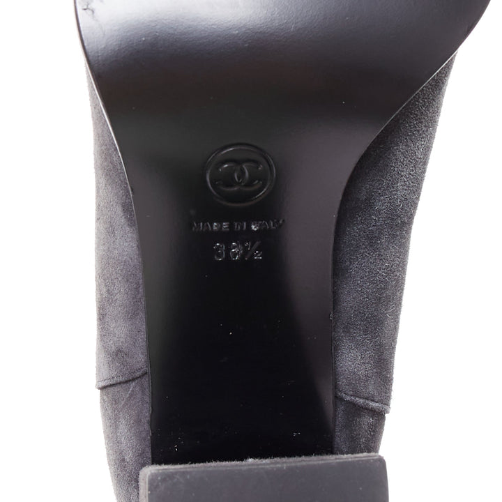 CHANEL 2023 grey suede diamond quilted CC logo block heel boots EU38.5