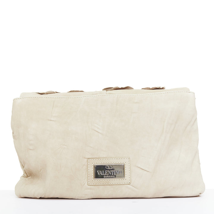 VALENTINO taupe leather crinkled petal rose applique flap crossbody bag