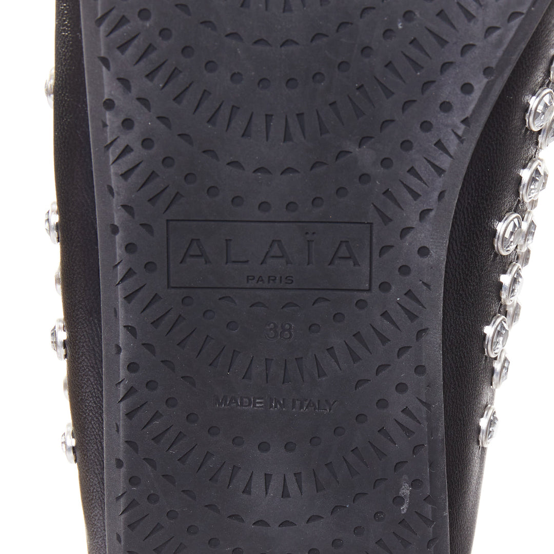ALAIA Crystal Slide On black leather clear strass embellished flat mule EU38