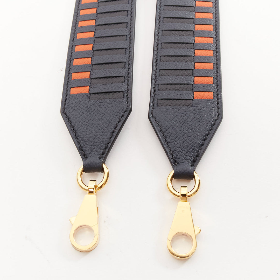 HERMES Sangle 40 orange navy woven leather gold hardware bag strap