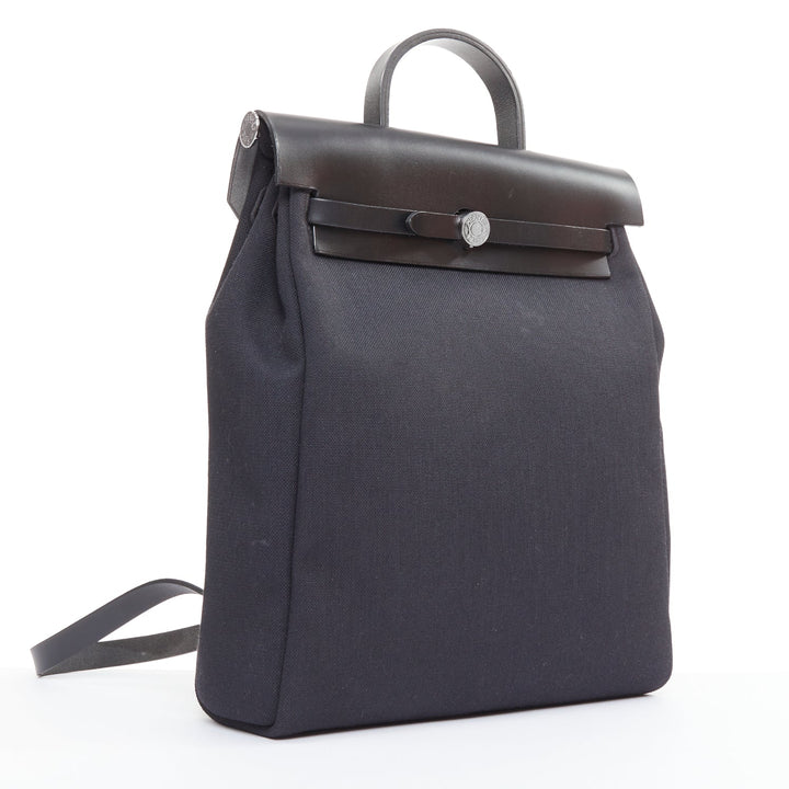 HERMES Herbag A Dos Backpack 2-in-1 black toile canvas vache calfskin bag