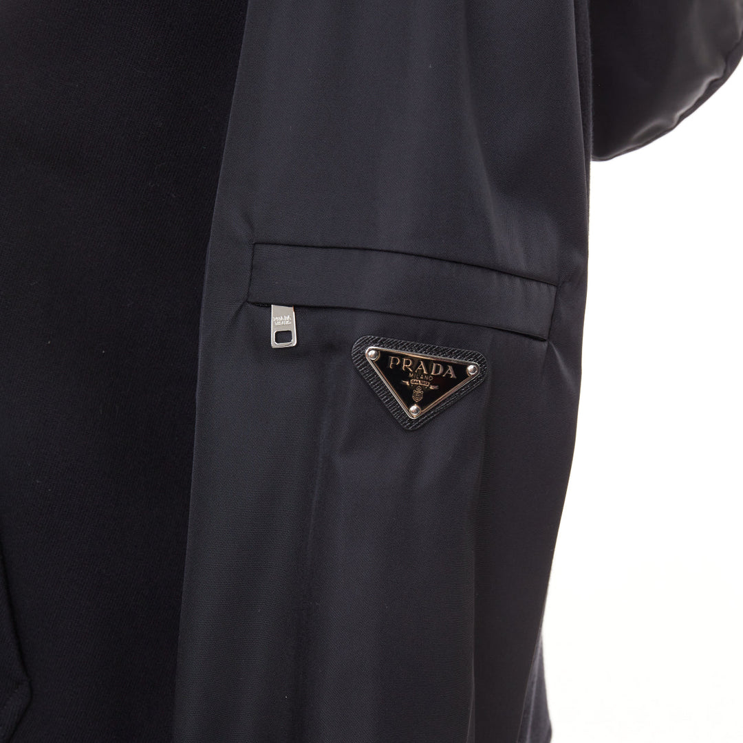 PRADA 2021 black Re-Nylon sleeve triangle logo cotton cropped hoodie M