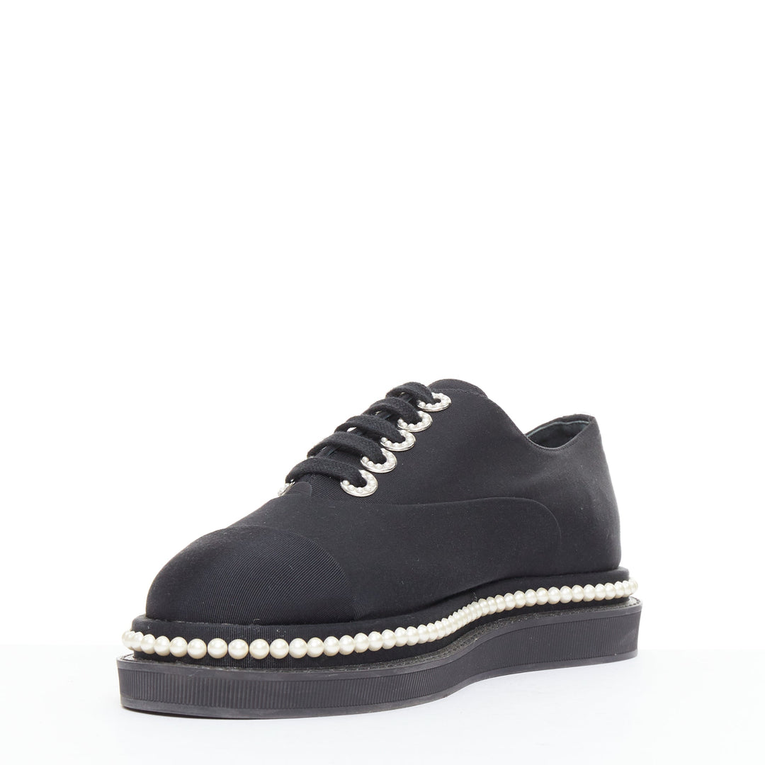 CHANEL black canvas pearl embellished trim fabric oxfords EU35.5
