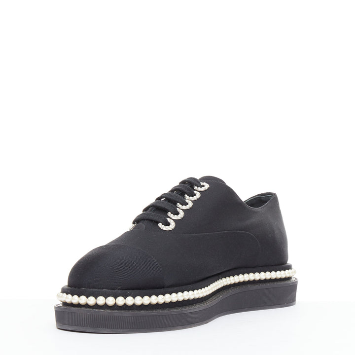 CHANEL black canvas pearl embellished trim fabric oxfords EU35.5