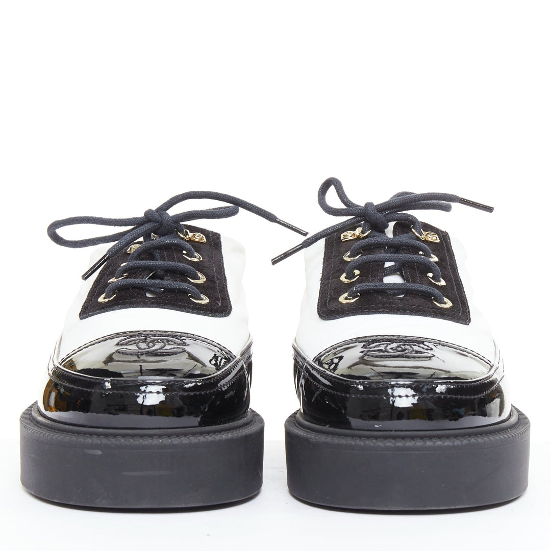 CHANEL 21B black white nylon patent leather trim CC brogue creepers EU38