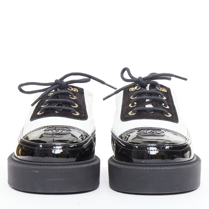 CHANEL 21B black white nylon patent leather trim CC brogue creepers EU38