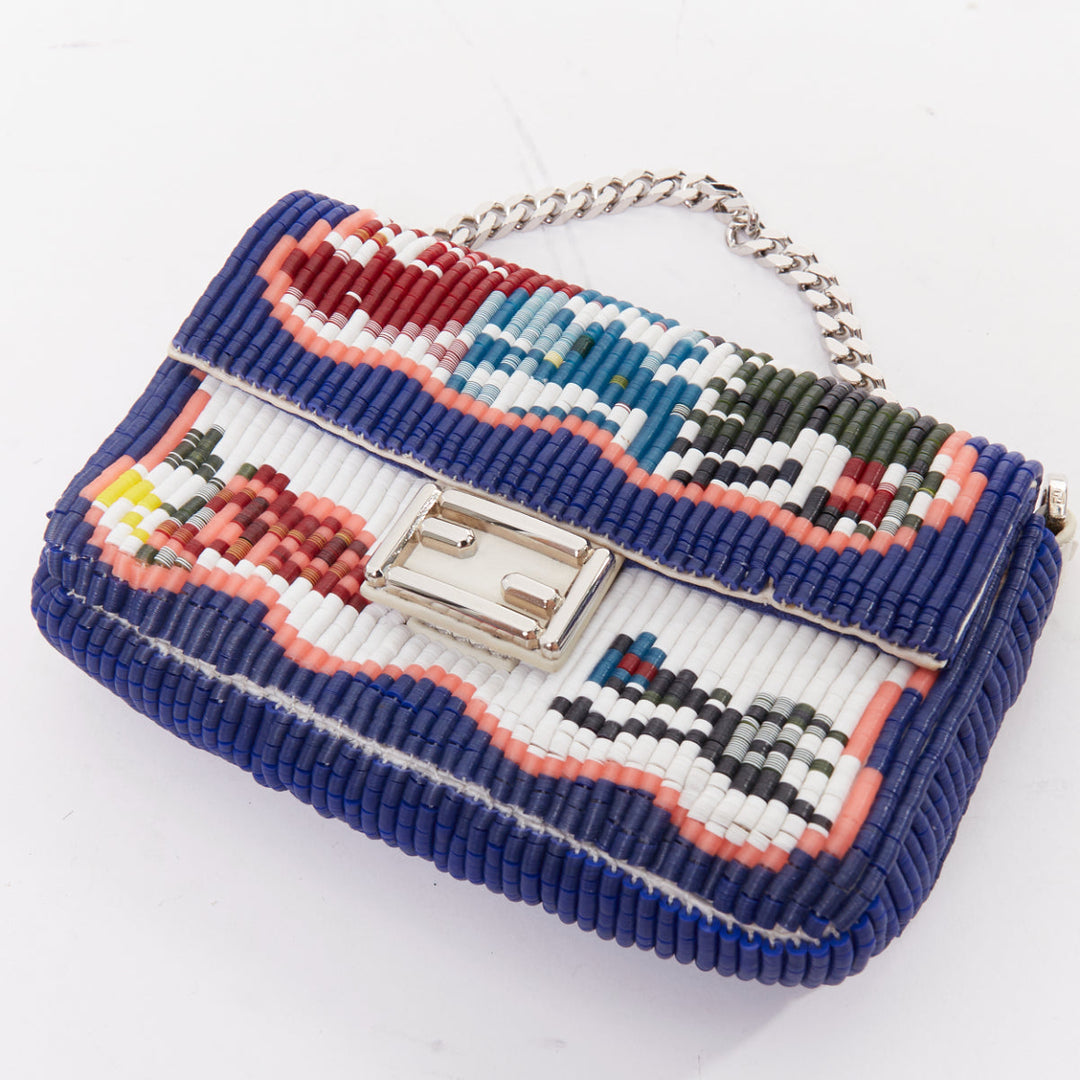 FENDI Micro Baguette blue colorful needlepoint beaded FF logo flap chain bag