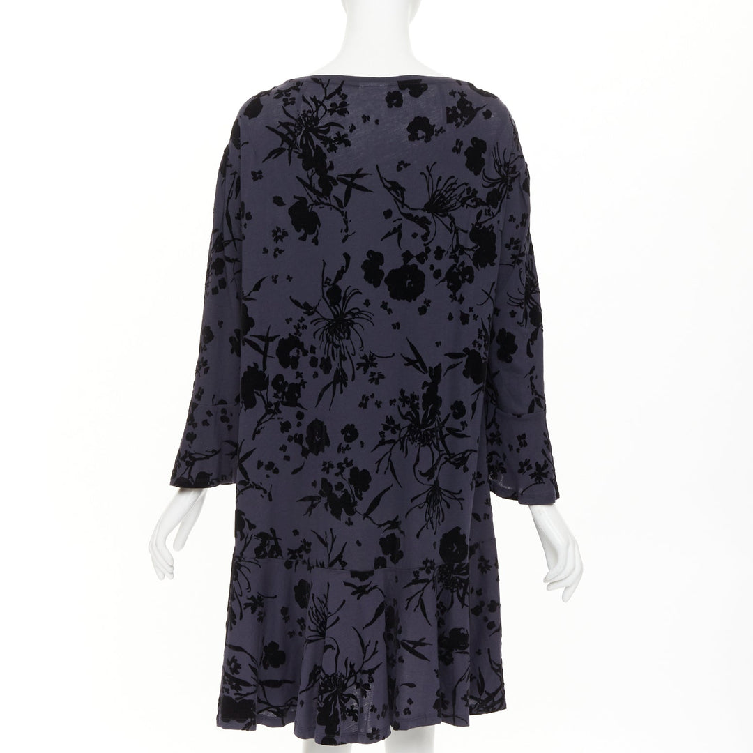 DRIES VAN NOTEN grey cotton black velvet damask floral flock print dress XS