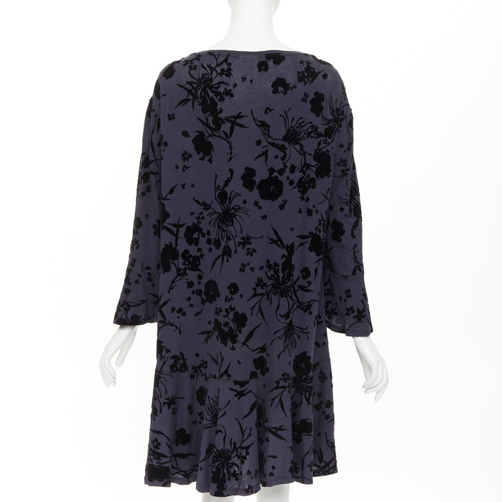 DRIES VAN NOTEN grey cotton black velvet damask floral flock print dress XS