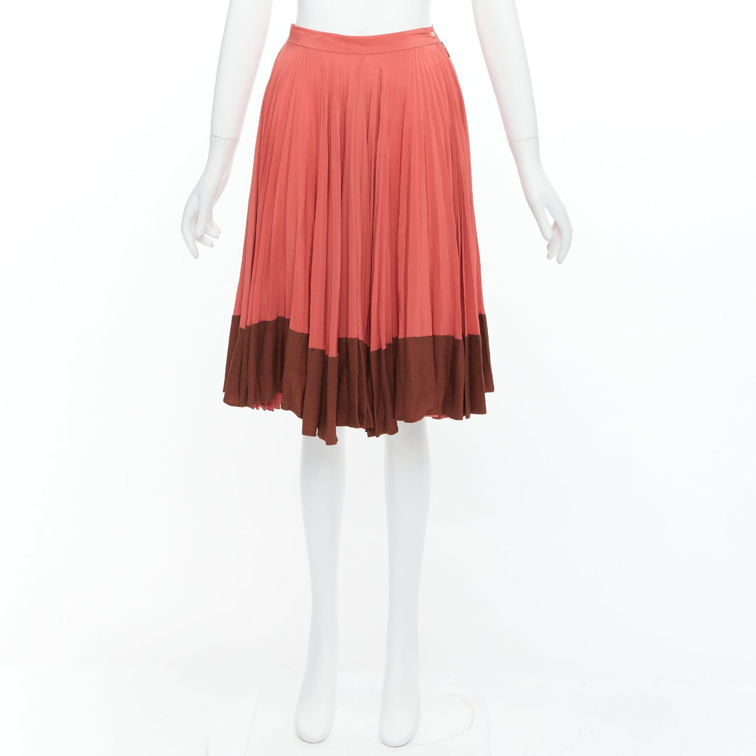 FENDI Vintage 100% silk  pink brown colorblock pleated midi skirt IT36 XXS