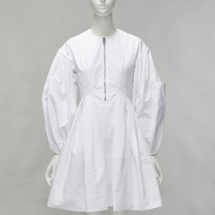 ALEXANDER MCQUEEN white cotton silver zip front puff sleeve flared dress IT36 XS