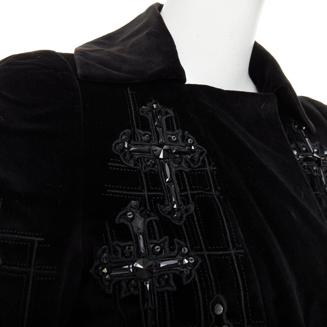 VERSACE 2012 runway black velvet gothic Byzantine cross flared zip coat IT38 XS