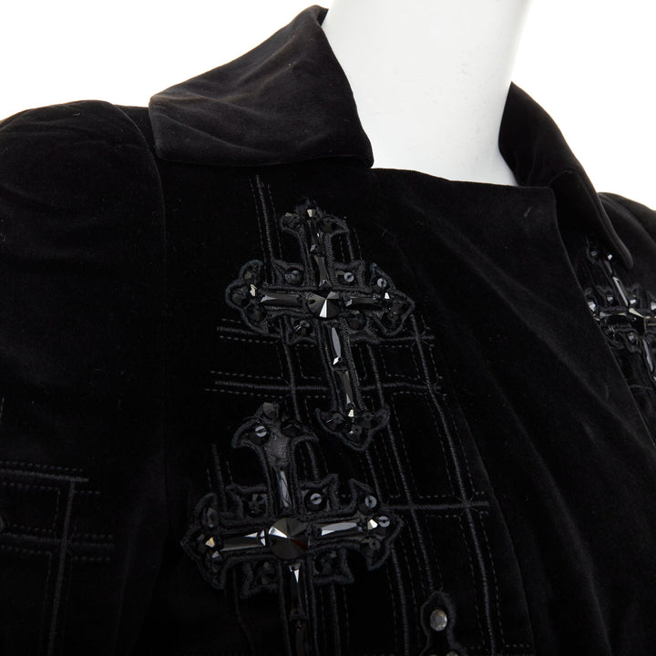 VERSACE 2012 runway black velvet gothic Byzantine cross flared zip coat IT38 XS