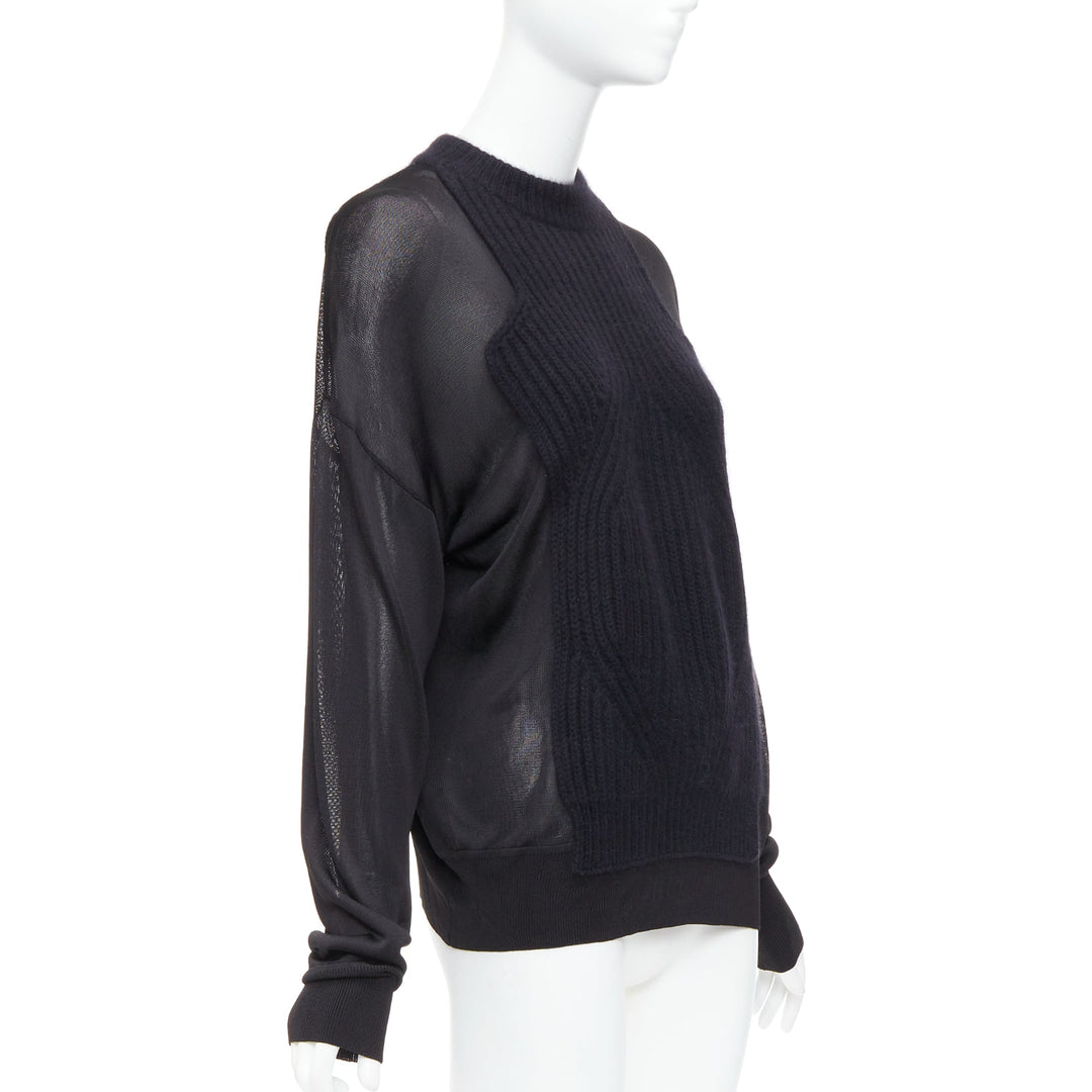 ALEXANDER WANG black wool blend cable knit sheer sleeve sweater S